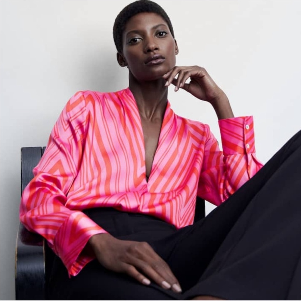 NEW Mango MNG SATIN PRINT BLOUSE size 4 women’s top shirt vneck pink red